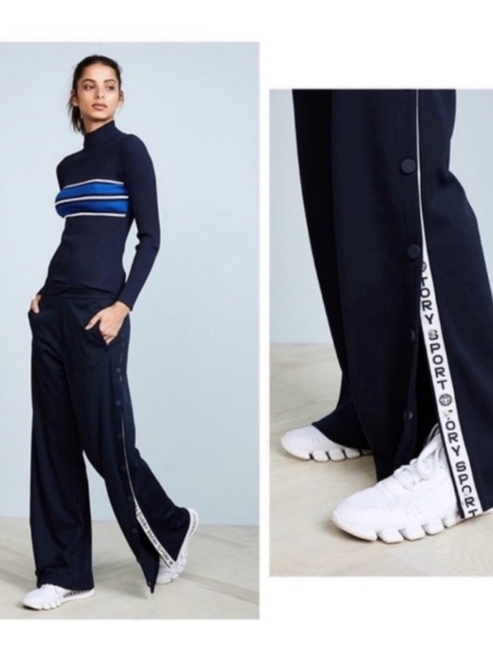 Tory Sport Wide-Leg Snap-Front Track Pants in Navy